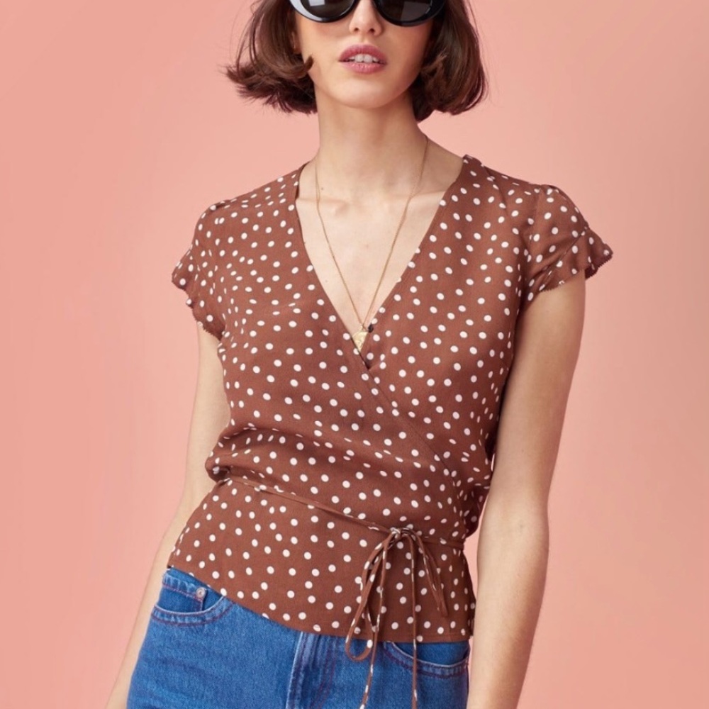 Rouje Brown Polka Dot Wrap Top XS